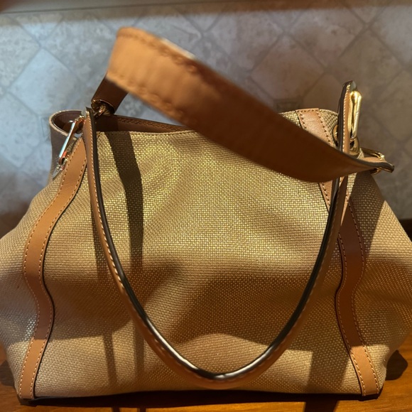 MICHAEL KORS MEDIUM SIZE REAL LEATHER TRIMMED + GOLD COATED CANVAS HANDBAG